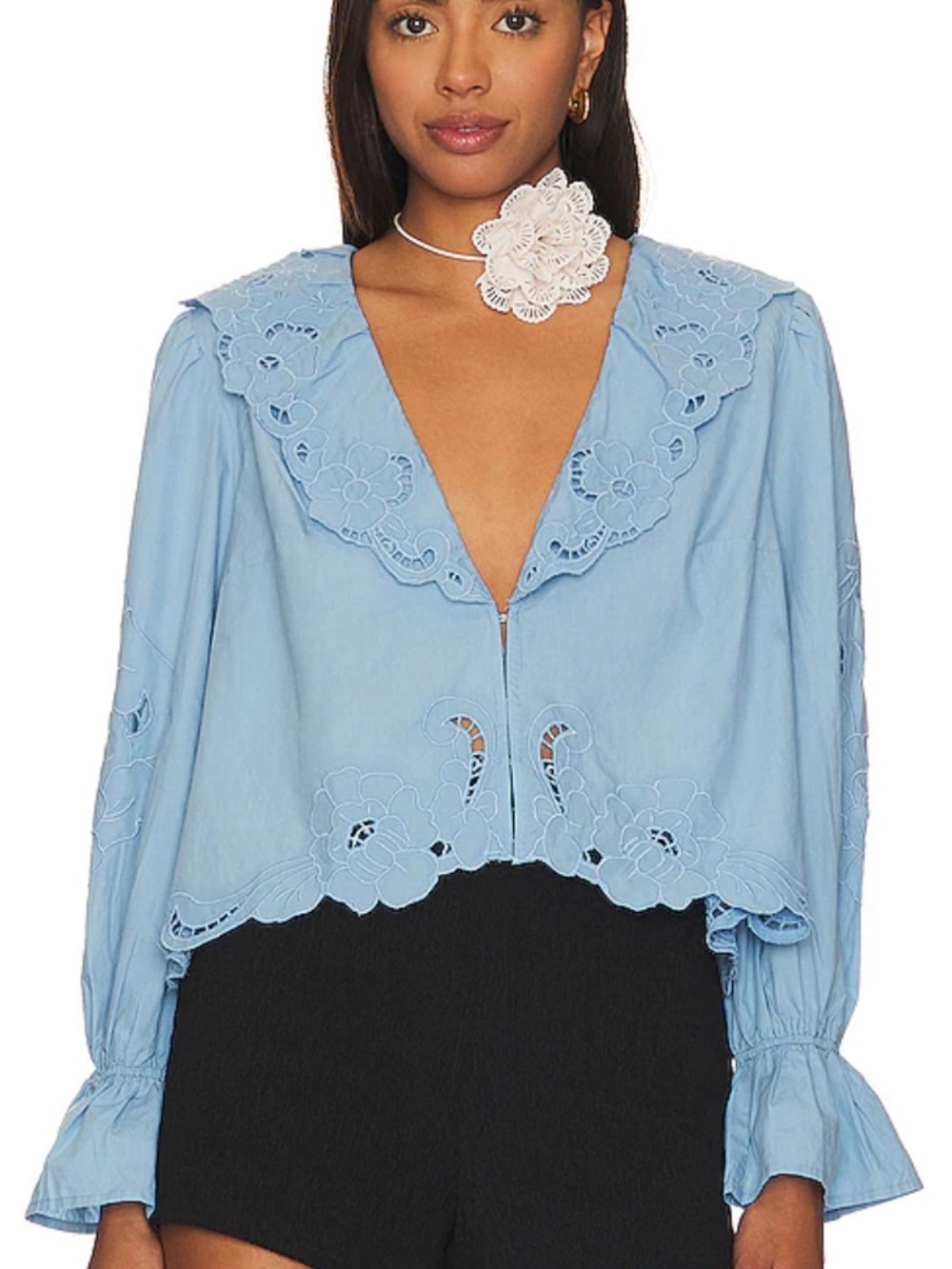 Free People Maisie Cutwork Top Blue S NWOT Oversized Lace Eyelet Blouse Flowy